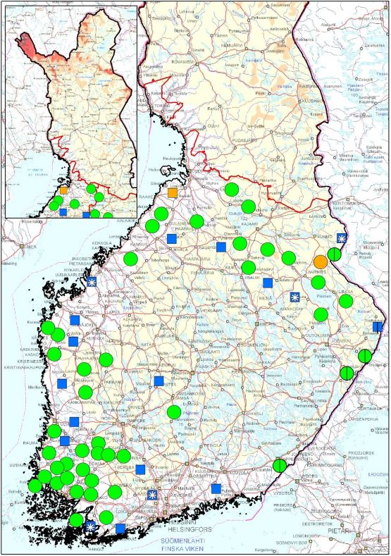 Kartta Suomen susireviirien sijainnista. Reviirit painottuvat Lounais-Suomeen.